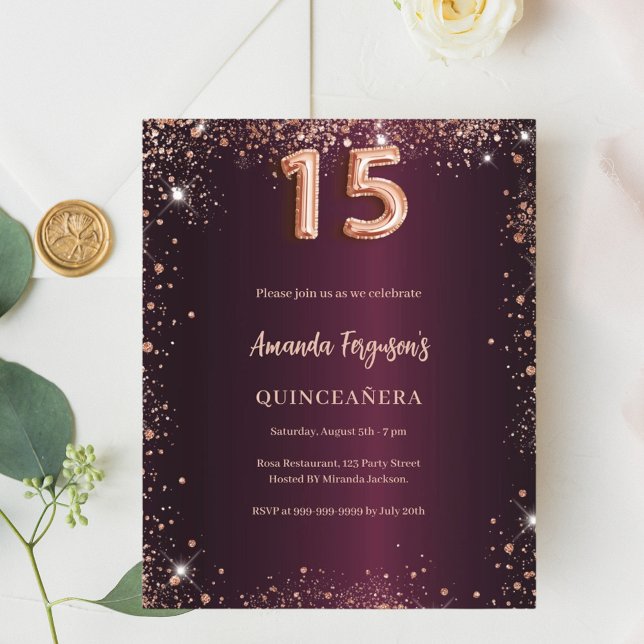 Quinceanera burgundy ro guld inbjudan (Skapare uppladdad)