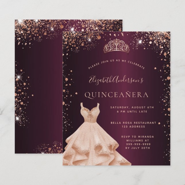 Quinceanera burgundy ro guld klänningsinbjudan (Fram/baksida)