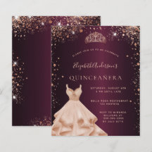 Quinceanera burgundy ro guld klänningsinbjudan