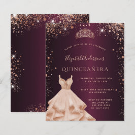 Quinceanera burgundy ro guld klänningsinbjudan