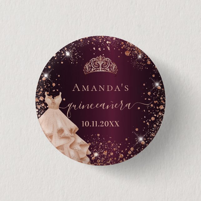 Quinceanera burgundy ro guld tiara dress namn knapp (Framsida)