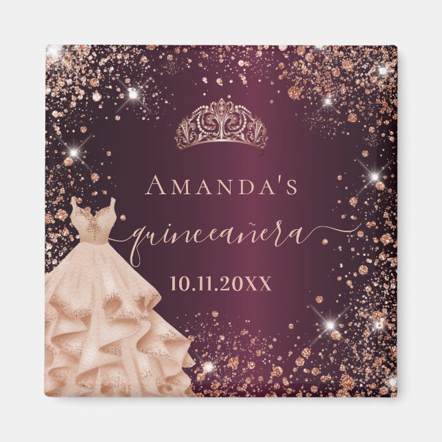 Quinceanera burgundy ro guld tiara dress namn magnet (Framsidan)