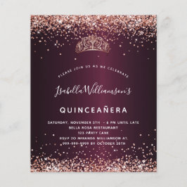 Quinceanera burgundy ro guld tiara-inbjudan