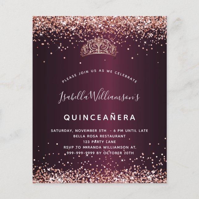 Quinceanera burgundy ro guld tiara-inbjudan (Framsida)