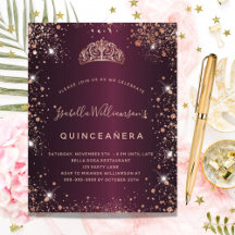 Quinceanera burgundy ro guld tiara-inbjudan