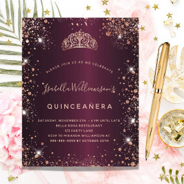 Quinceanera burgundy ro guld tiara-inbjudan