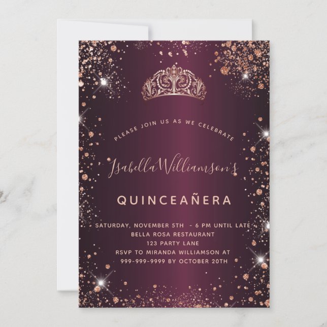 Quinceanera burgundy ro guld tiara inbjudningar (Framsida)