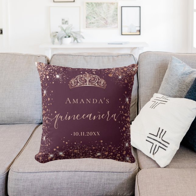 Quinceanera burgundy ro guld tiara namn kudde (Skapare uppladdad)