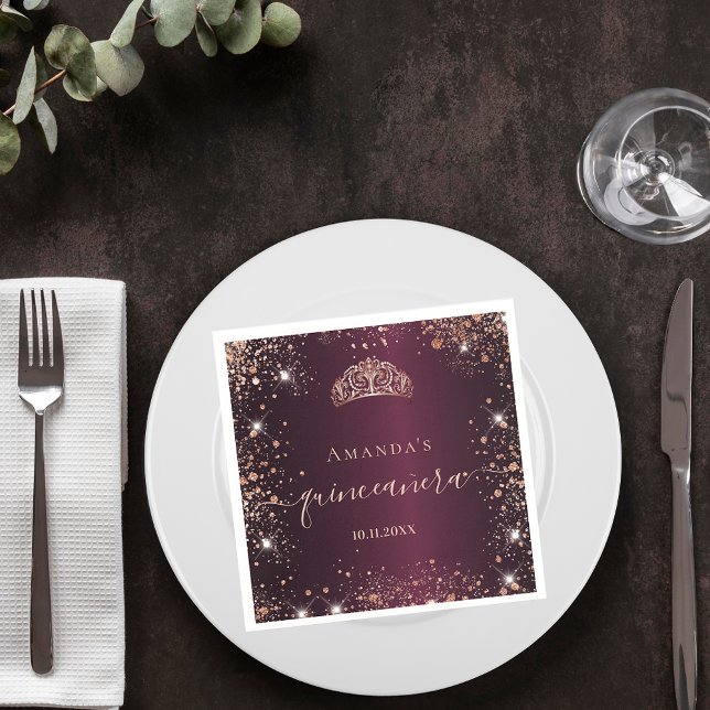 Quinceanera burgundy ro guld tiara namn pappersservett (Skapare uppladdad)
