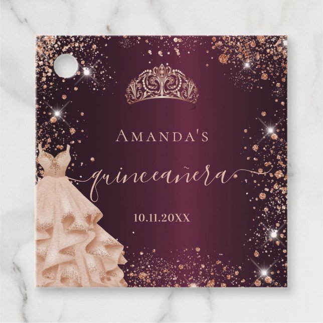 Quinceanera burgundy ro guld tiara tack gåvor etiketter (Framsida)