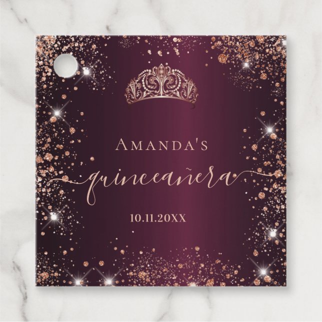 Quinceanera burgundy ro guld tiara tack gåvor etiketter (Framsida)