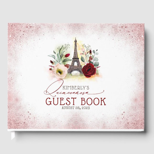 Quinceanera Burgundy  Rosa Blommigt Guest Bok (Framsida)
