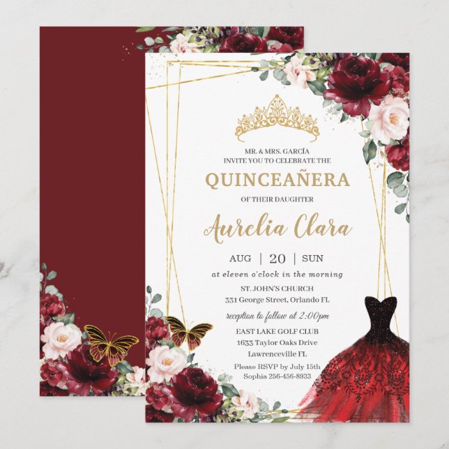 Quinceañera Burgundy Rosa Blommigt Princess Gown Inbjudningar (Fram/baksida)