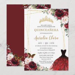 Quinceañera Burgundy Rosa Blommigt Princess Gown Inbjudningar