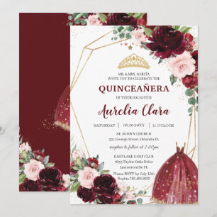Quinceañera Burgundy Rosa Blommigt Ro Boll Gown Inbjudningar