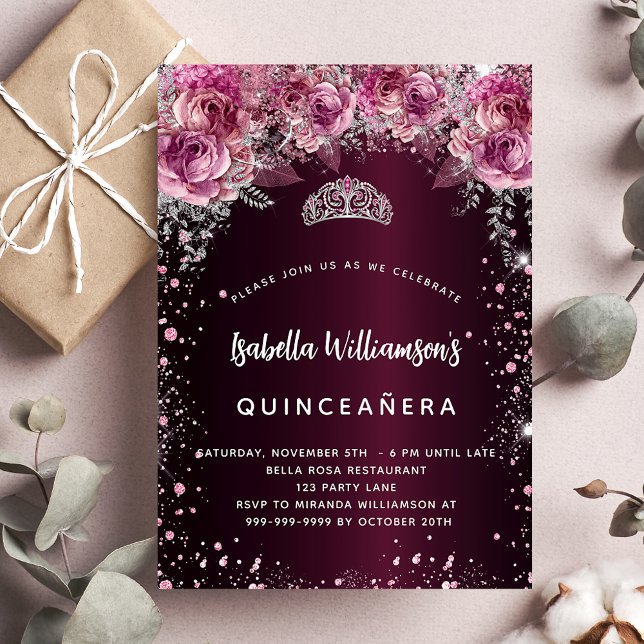 Quinceanera burgundy rosa blommigt tiara lyxury inbjudningar (Skapare uppladdad)