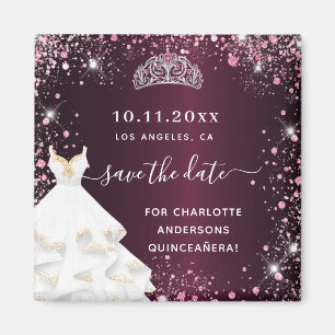 Quinceanera burgundy rosa dress spara datum magnet