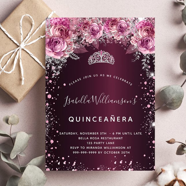 Quinceanera burgundy rosa glitter blommigt tiara inbjudningar (Skapare uppladdad)