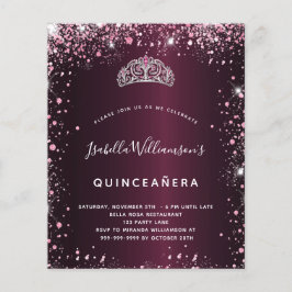 Quinceanera burgundy rosa glitter tiara-inbjudan