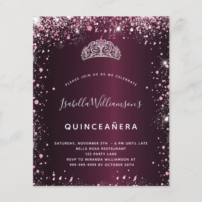 Quinceanera burgundy rosa glitter tiara-inbjudan (Framsida)