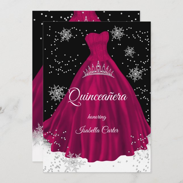 Quinceanera Burgundy rosa snowflake Silver Dress Inbjudningar (Fram/baksida)