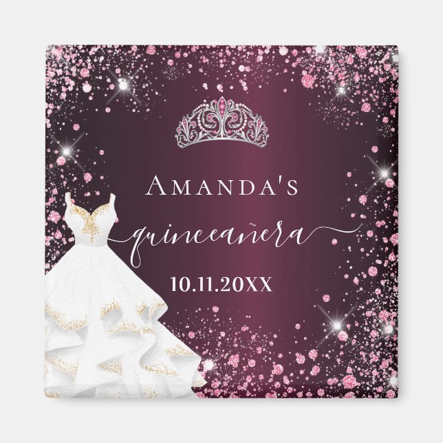 Quinceanera burgundy rosa tiara dress namn magnet (Framsidan)