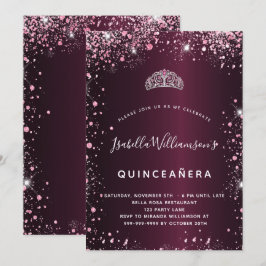 Quinceanera burgundy rosa tiara glitter inbjudningar