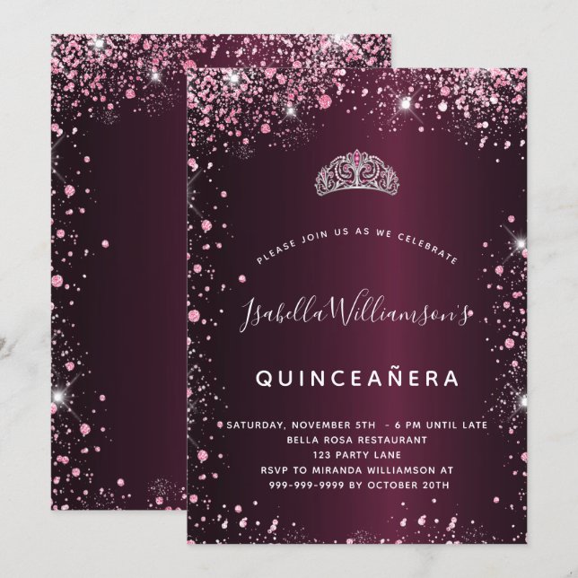 Quinceanera burgundy rosa tiara glitter inbjudningar (Fram/baksida)