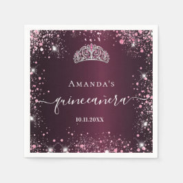 Quinceanera burgundy rosa tiara namn-skript pappersservett