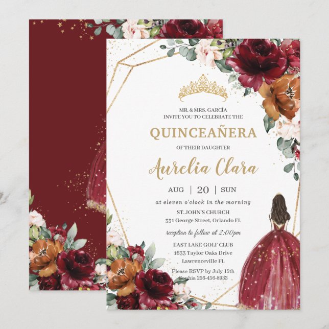 Quinceañera Burgundy  Rust Blommigt Princess Inbjudningar (Fram/baksida)
