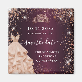 Quinceanera burgundy tiara-klänning spara datumet magnet