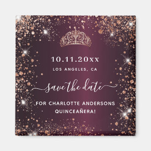 Quinceanera burgundy tiara ro guld spara datumet magnet