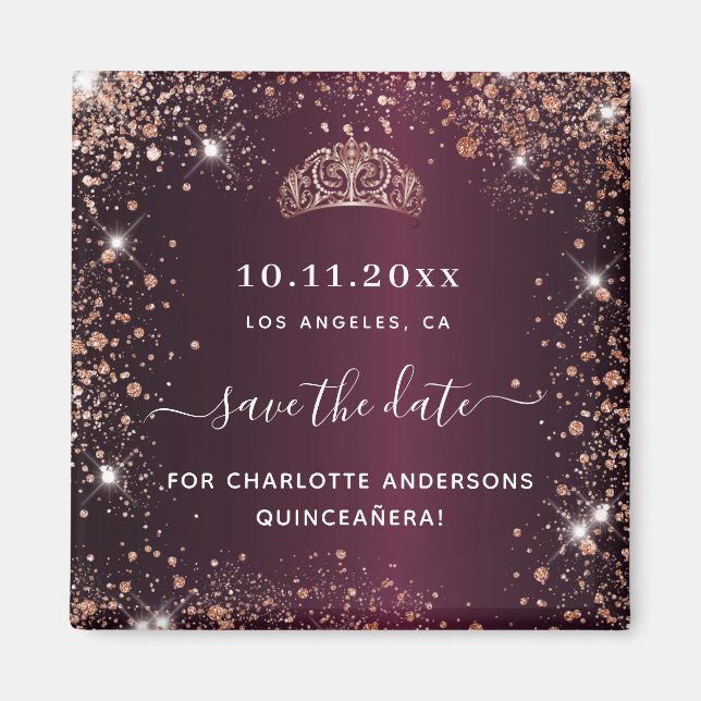 Quinceanera burgundy tiara ro guld spara datumet magnet (Framsidan)