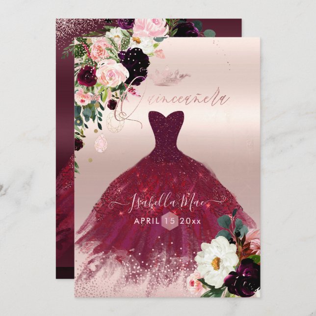 Quinceanera  Burgundy Watercolor Flowers Inbjudningar (Fram/baksida)