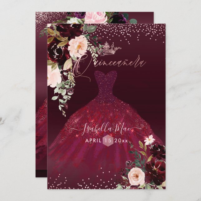Quinceanera  Burgundy Watercolor Flowers Inbjudningar (Fram/baksida)