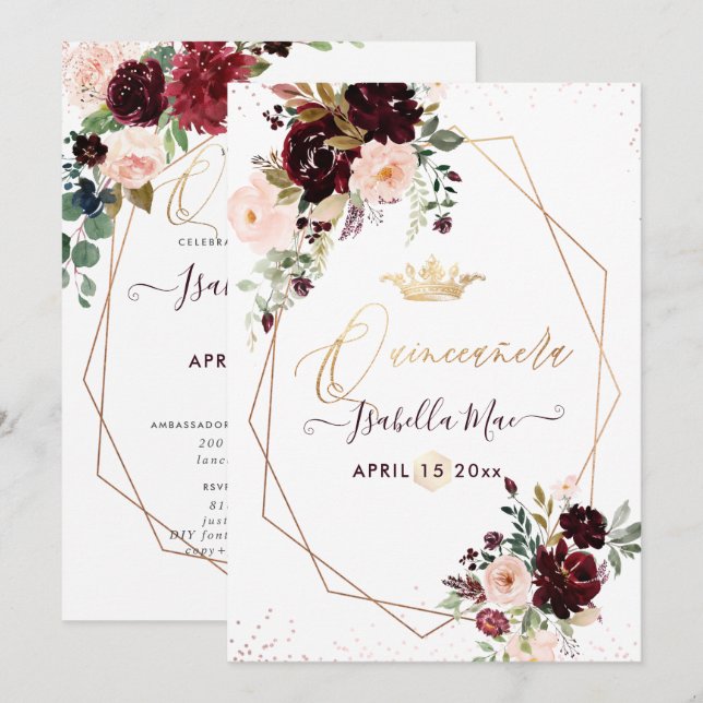 Quinceanera  Burgundy Watercolor Flowers Inbjudningar (Fram/baksida)