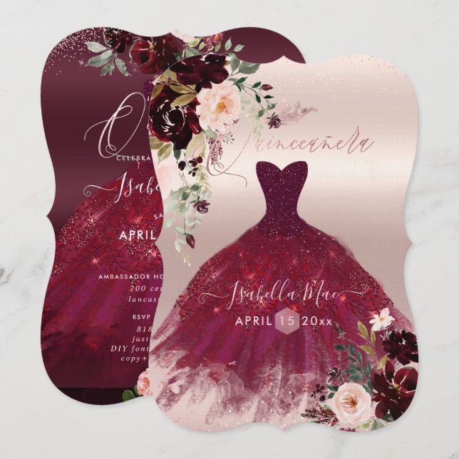 Quinceanera  Burgundy Watercolor Flowers Inbjudningar (Fram/baksida)