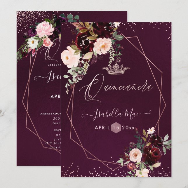 Quinceanera  Burgundy Watercolor Flowers Inbjudningar (Fram/baksida)