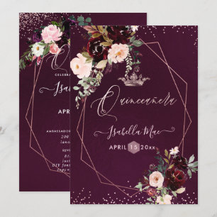 Quinceanera Burgundy Watercolor Flowers Inbjudningar