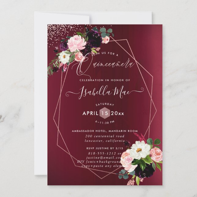 Quinceanera  Burgundy Watercolor Flowers Inbjudningar (Baksida)