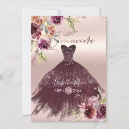 Quinceanera  Burgundy Watercolor Flowers Inbjudningar
