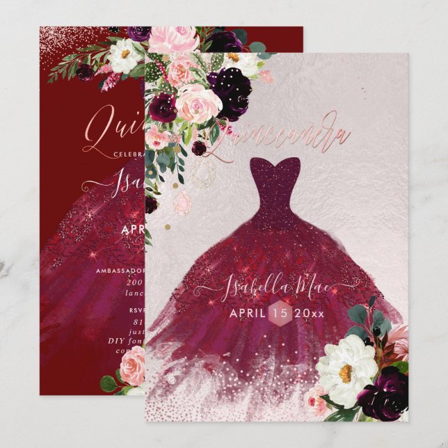 Quinceanera  Burgundy Watercolor Flowers Inbjudningar (Fram/baksida)
