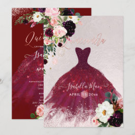 Quinceanera  Burgundy Watercolor Flowers Inbjudningar