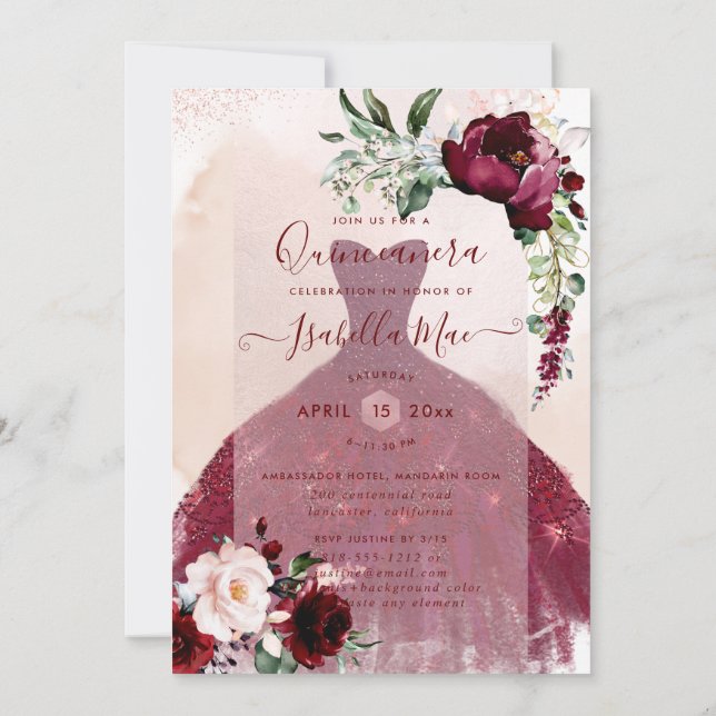Quinceanera  Burgundy Watercolor Flowers Inbjudningar (Baksida)