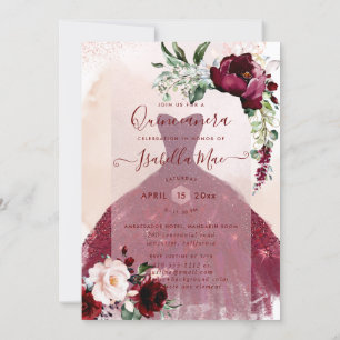 Quinceanera Burgundy Watercolor Flowers Inbjudningar