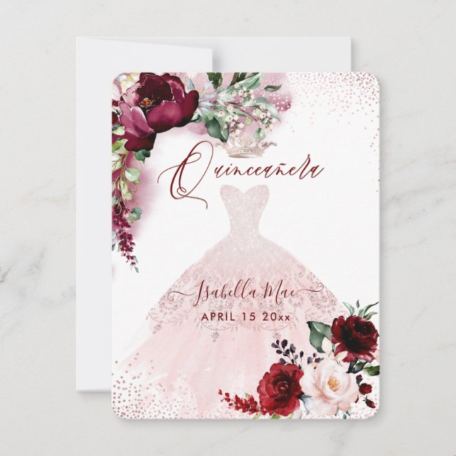 Quinceanera  Burgundy Watercolor Flowers Invi Inbjudningar (Framsida)