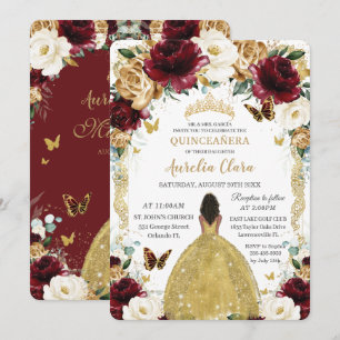 Quinceañera Burgundy White Guld Blommigt Brown Gir Inbjudningar