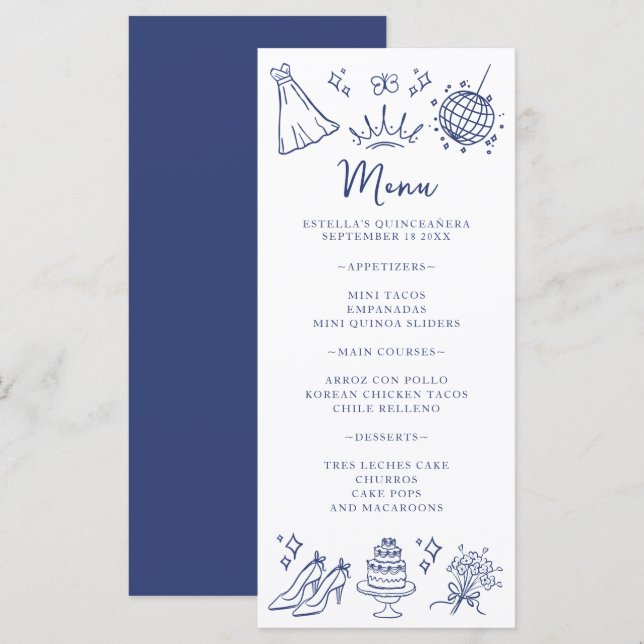 Quinceanera Butterflies Blommigt Modern Blue White Meny (Fram/baksida)