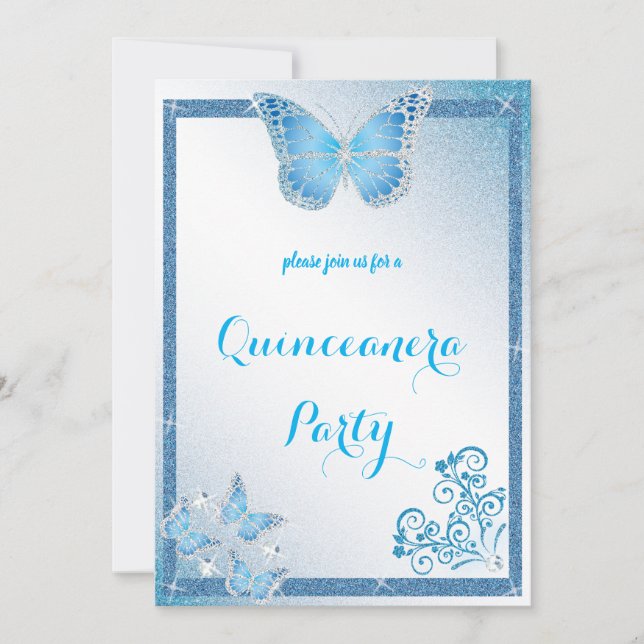 quinceanera butterfly blue glitter elegant diamant inbjudningar (Framsida)
