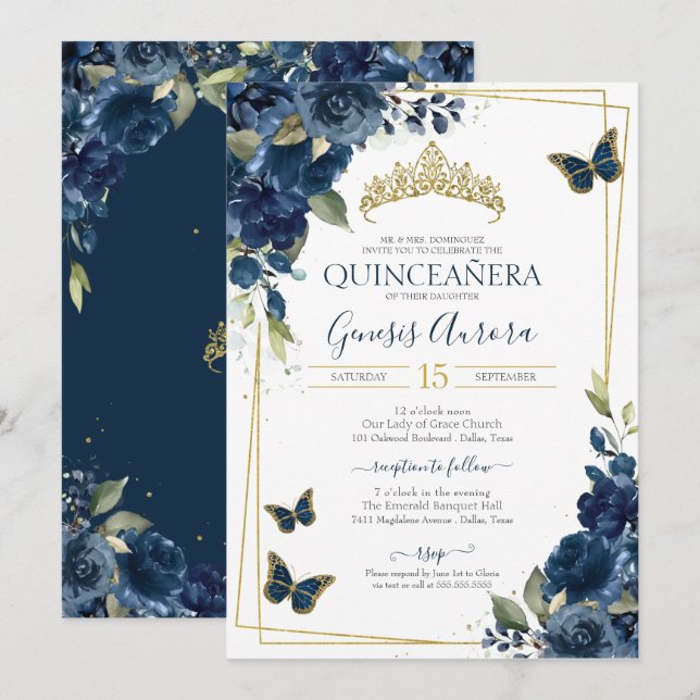 Quinceañera Butterfly Blue Watercolor Blommigt Inbjudningar (Fram/baksida)